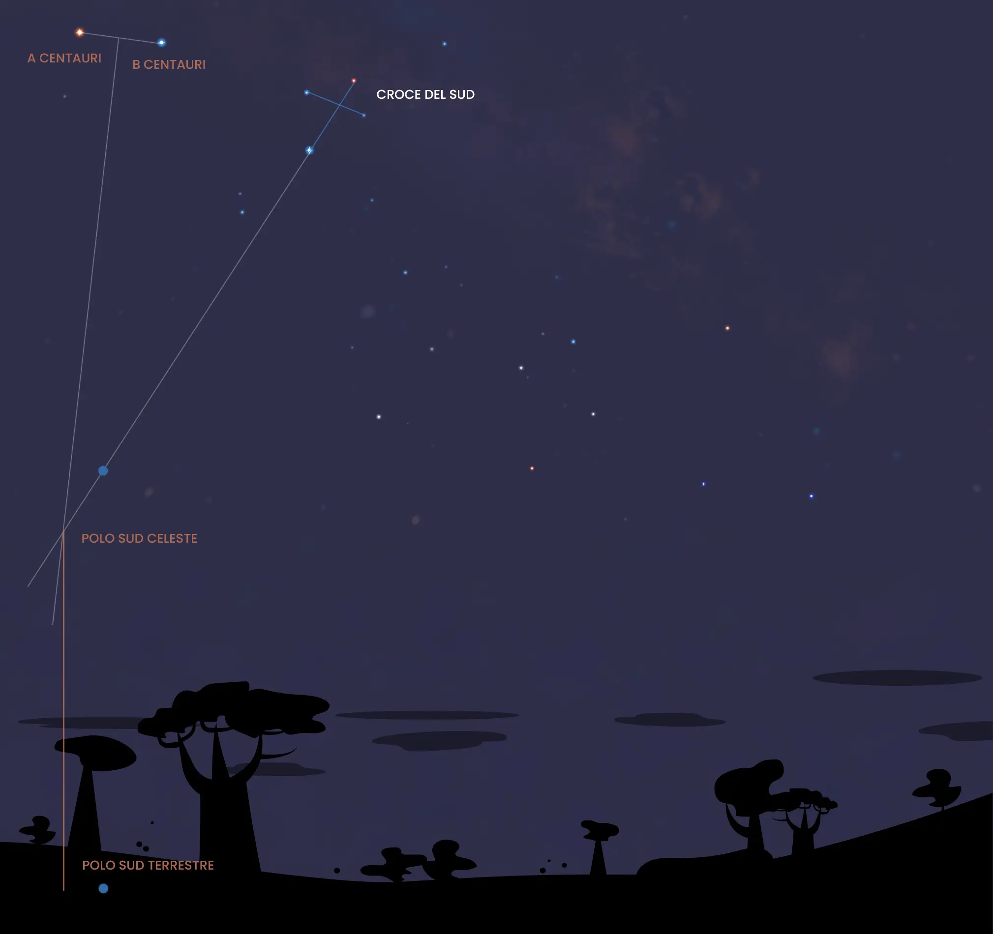 Come calcolare il sud usando la costellazione Croce del Sud nel cielo notturno