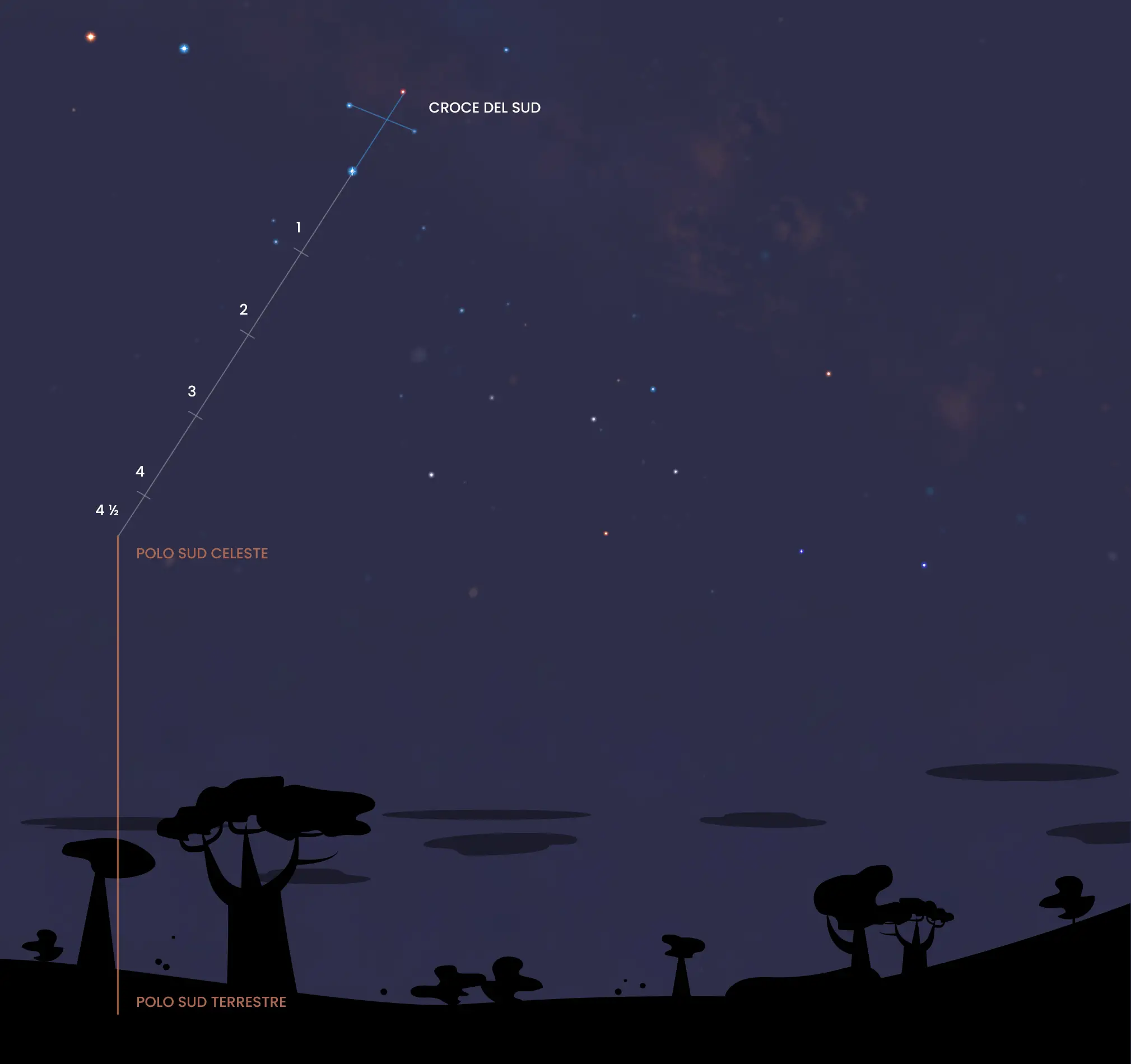 Come calcolare il sud usando la costellazione Croce del Sud nel cielo notturno